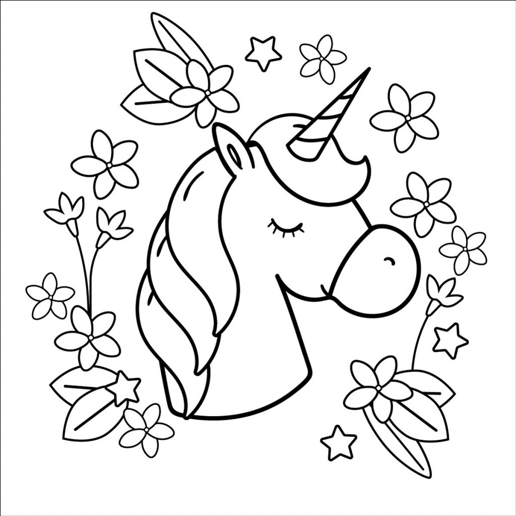 Einhorn umgeben von Bäumen und Blumen, Ausmalbild zum Herunterladen