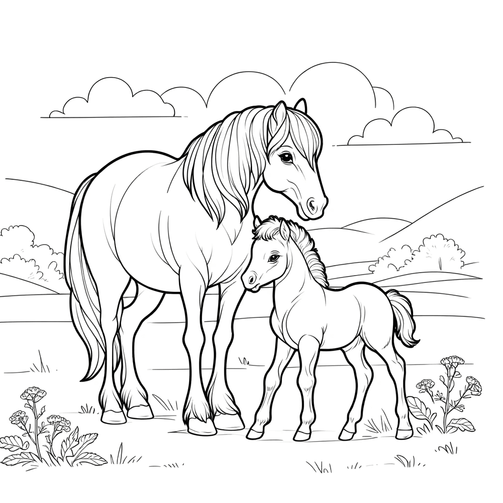 Ausmalbilder Pferde - Fohlen und Mutterpferd