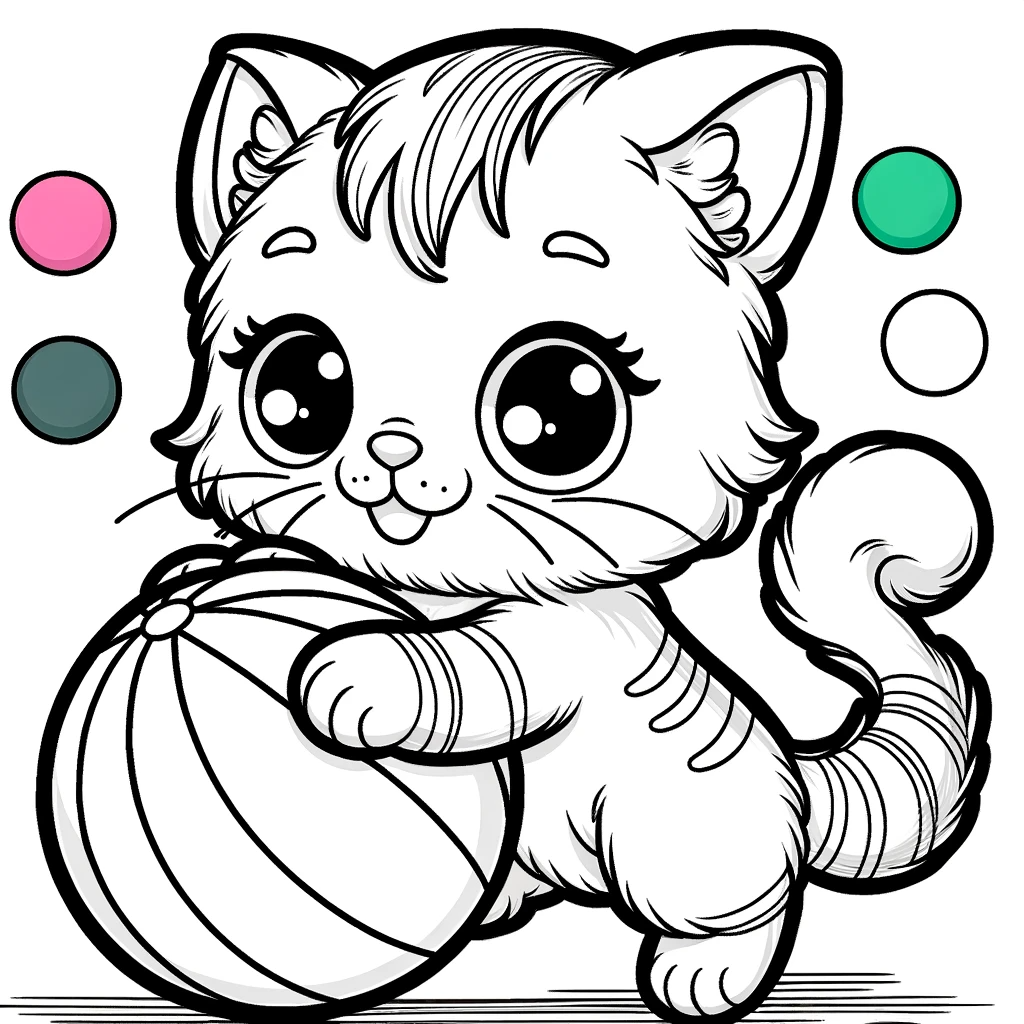 Kinderfreundliches Ausmalbild eines niedlichen Kätzchens, das mit einem Ball spielt