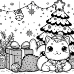 Ausmalbilder Katze -Katze mit Weihnachtsbaum