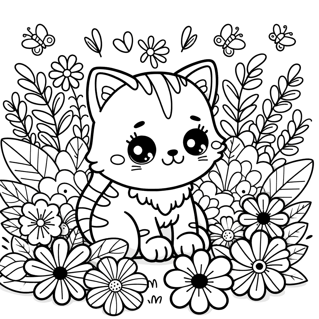 Kinderfreundliches Schwarz-Weiß Ausmalbild eines niedlichen Kätzchens umgeben von Blumen