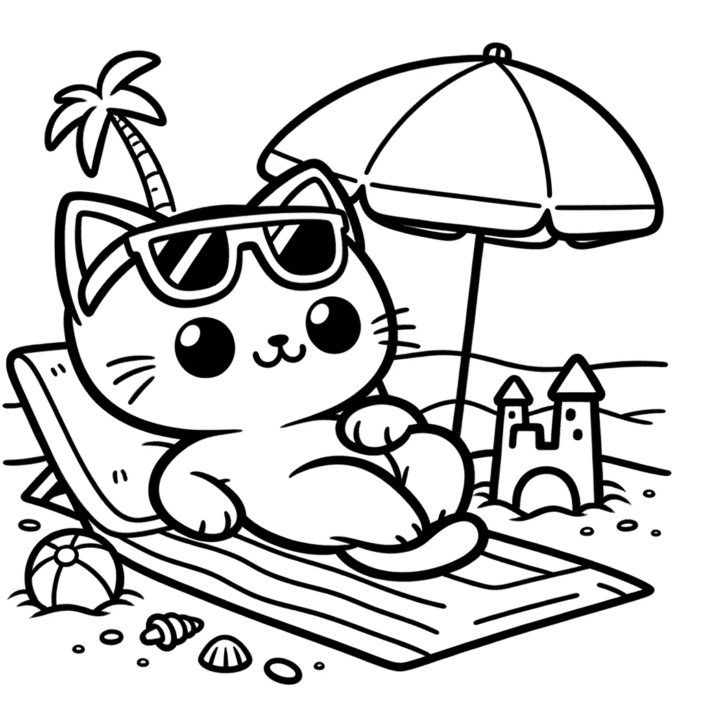 Katze Entspannt am Strand Ausmalbild