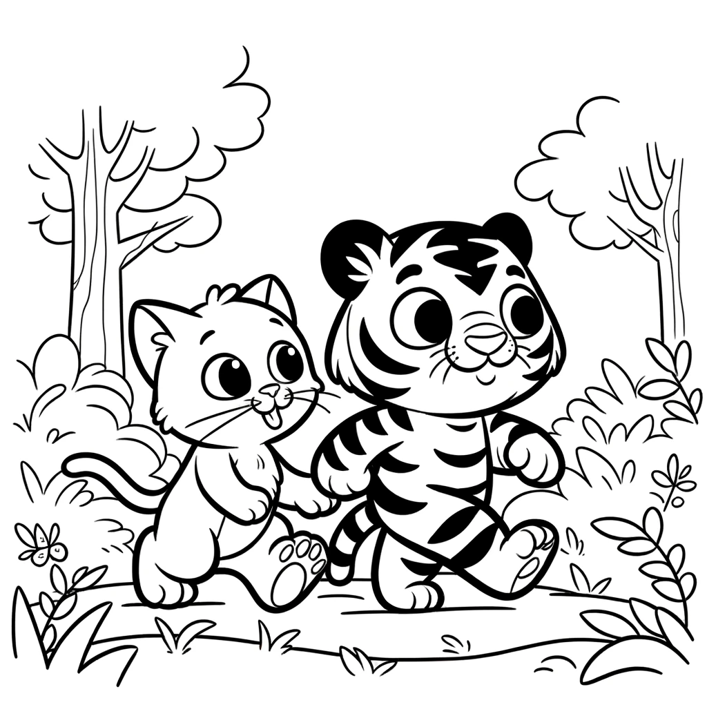 Katze und Tiger Dschungelabenteuer Ausmalbild