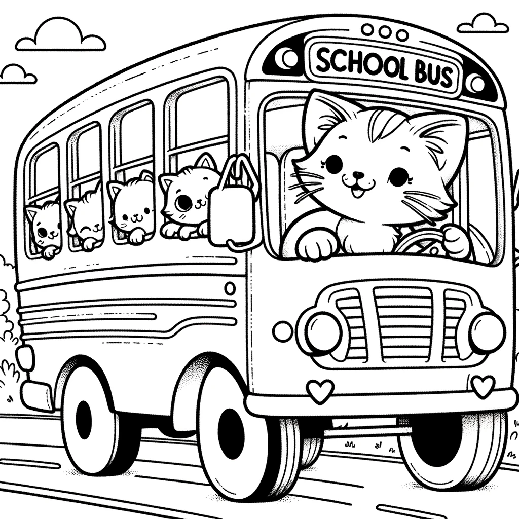 Mutterkatze Fährt Schulbus Ausmalbild