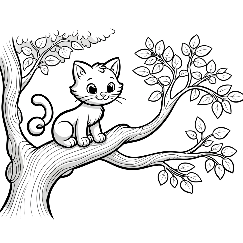 Neugierige Katze auf Baum Ausmalbild