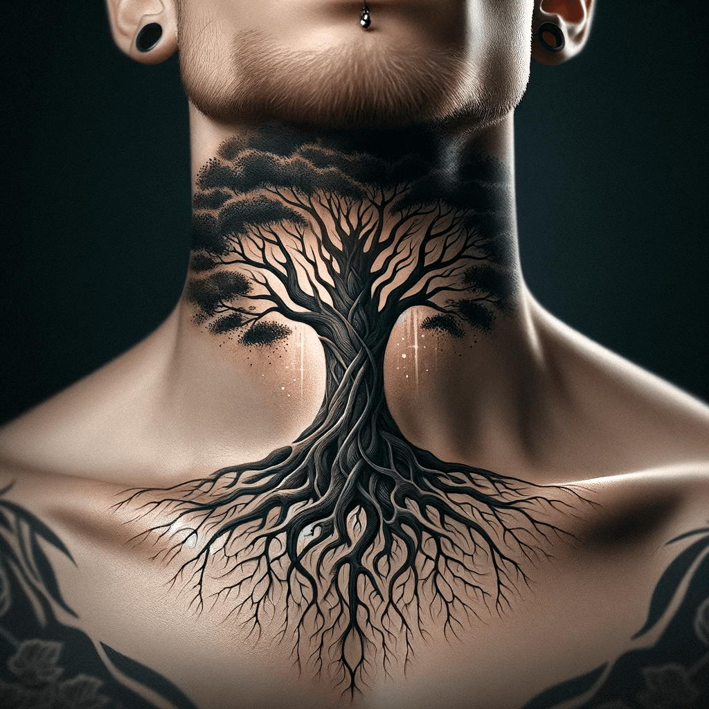 Elegantes und Bedeutungsvolles Stilisiertes Baum mit Tiefen Wurzeln Hals-Tattoo-Design für Männer