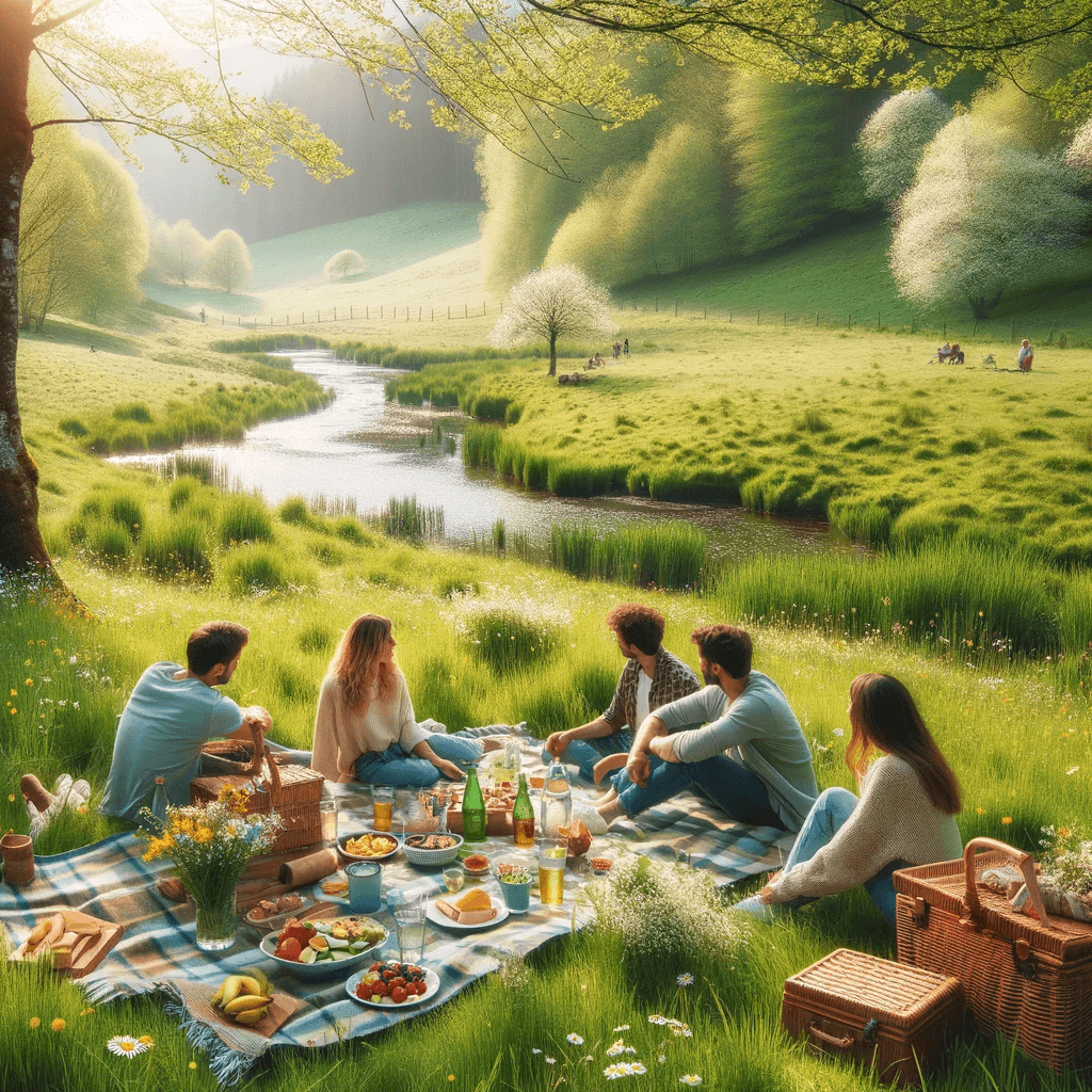 Frühlingsglück: Picknick in einer Wiese mit Freunden und Familie