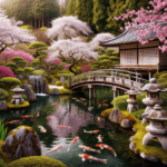 Frühlingsserenität: Japanischer Garten mit Kirschblüten und Koi-Teich