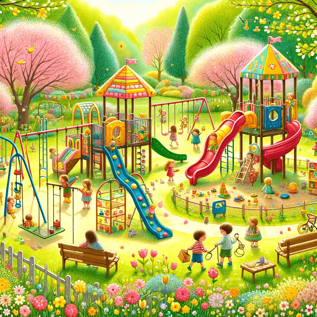 Frühlingsspaß: Bunter Spielplatz in einem blühenden Park