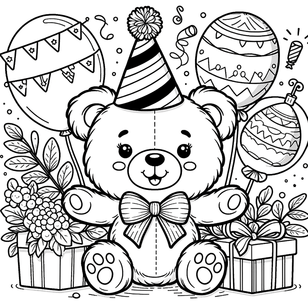 Geburtstagsfeier Teddybär-Ausmalbild