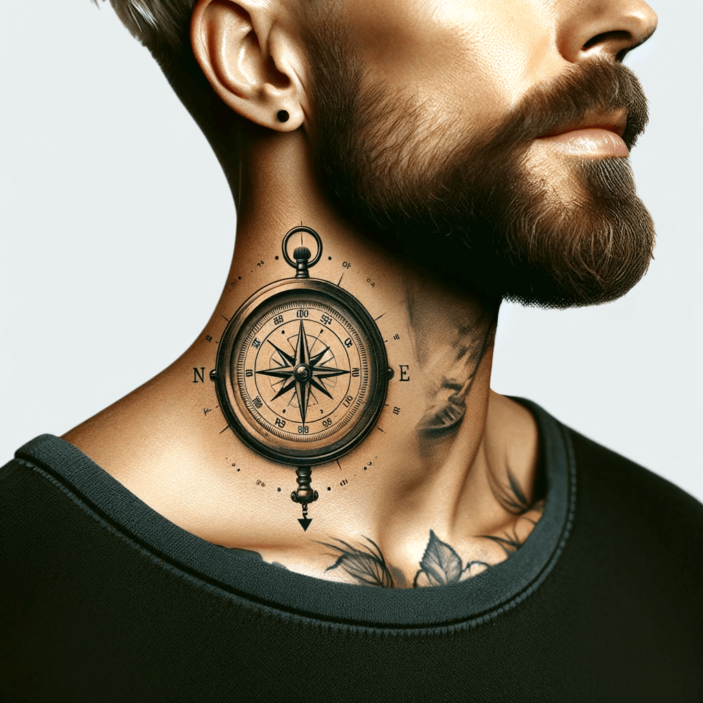 Kreatives und Bedeutungsvolles Kompass- und Uhr-Kombinations-Hals-Tattoo-Design für Männer