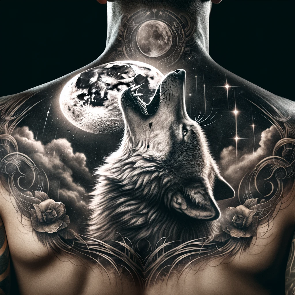 Majestätisches Wolf-Heult-den-Mond-an Hals-Tattoo-Design für Männer