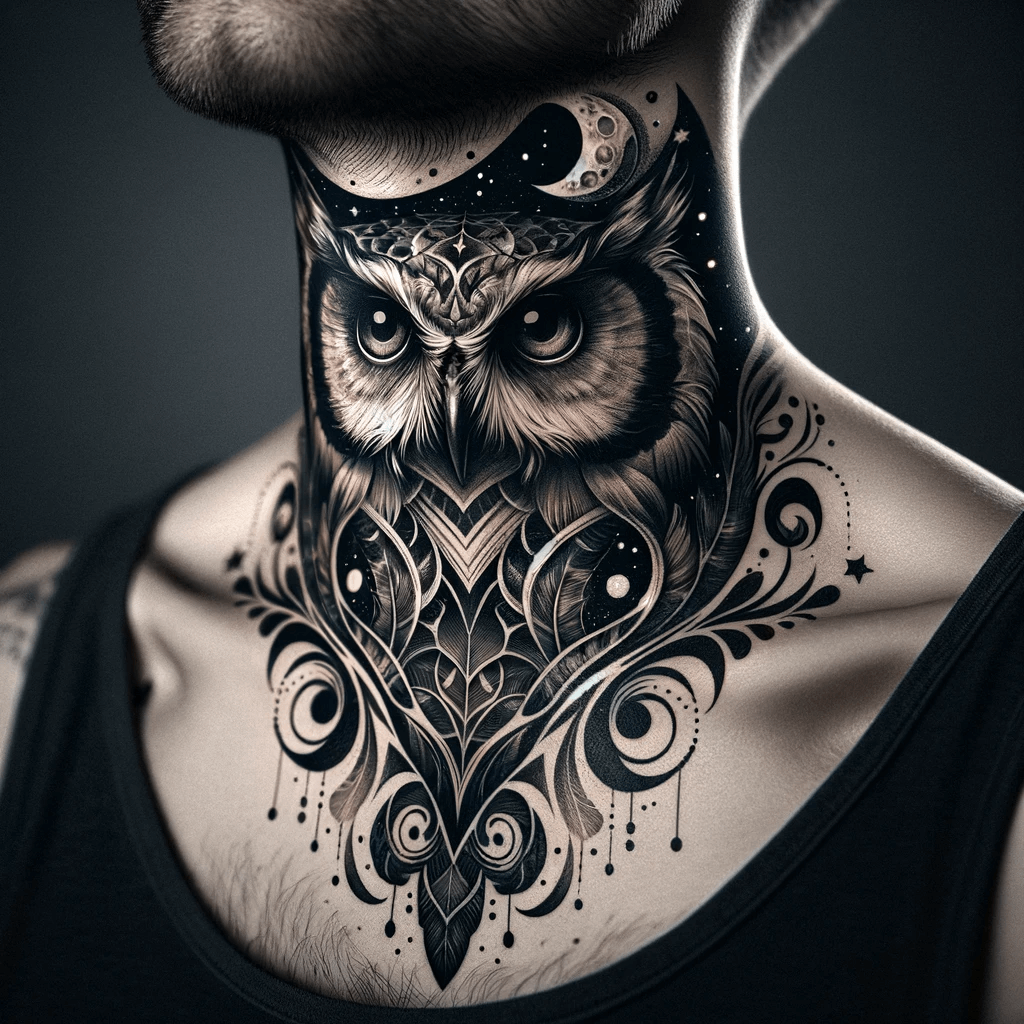 Mystisches Eulen-Hals-Tattoo-Design für Männer