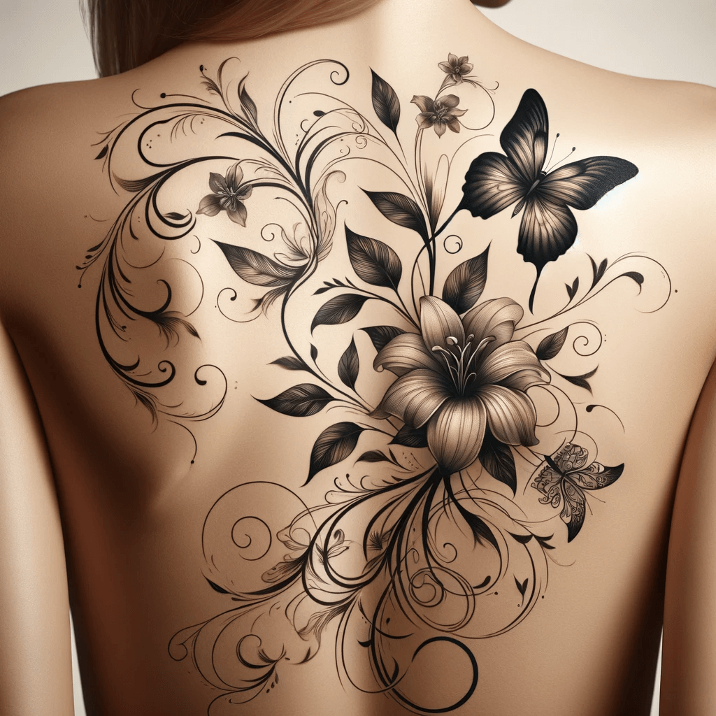 Natürliche Eleganz: Ranken, Blumen und Schmetterlinge Tattoo