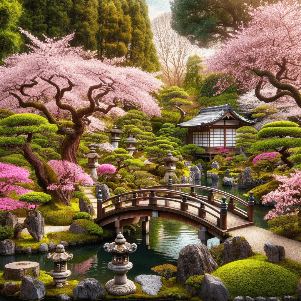 Ruhiger Frühling: Serener Japanischer Garten mit Kirschblüten und Koi-Teich