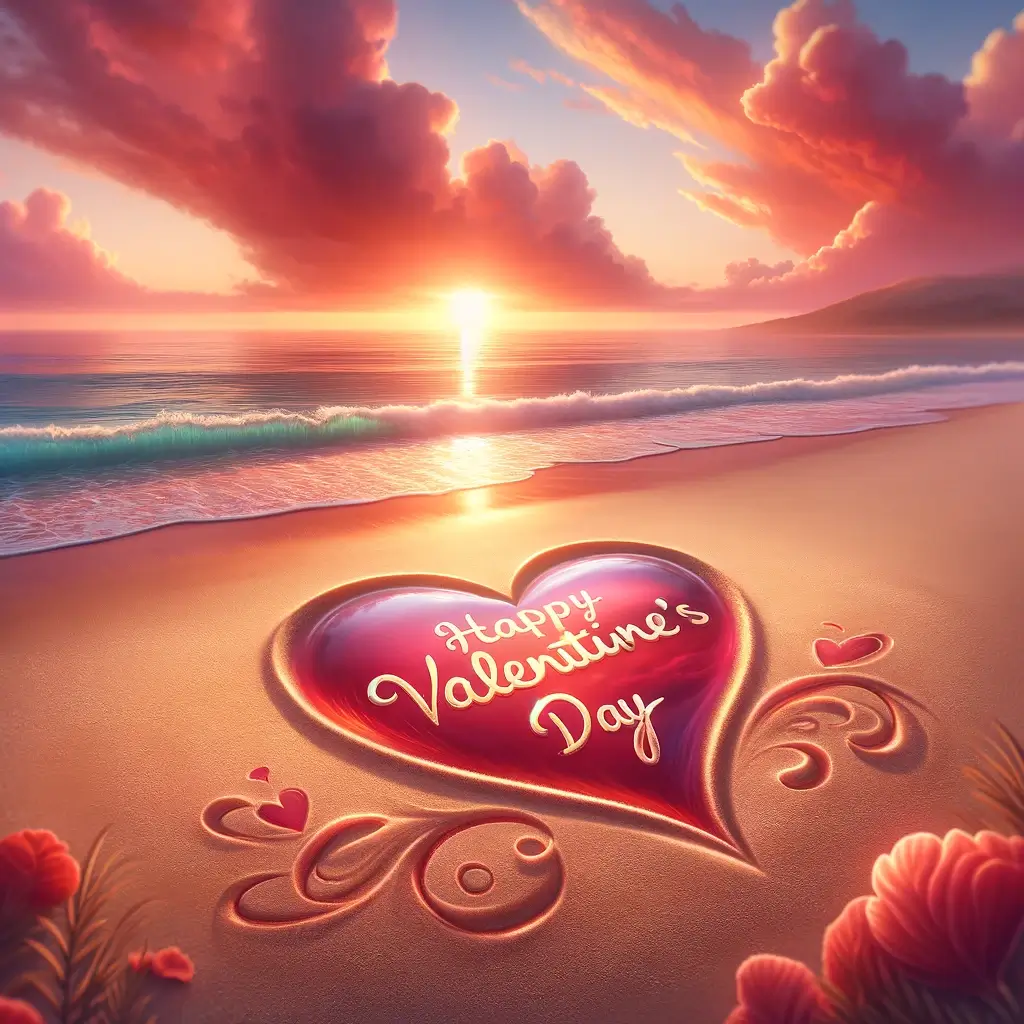 Valentinstag Herz am Strand bei Sonnenuntergang Bild: Romantik am Meer
