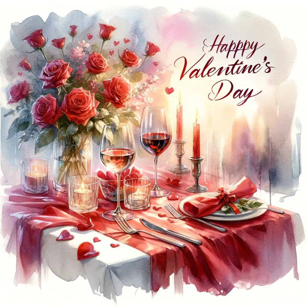 Valentinstag Romantisches Dinner Aquarellbild: Ein Moment der Liebe