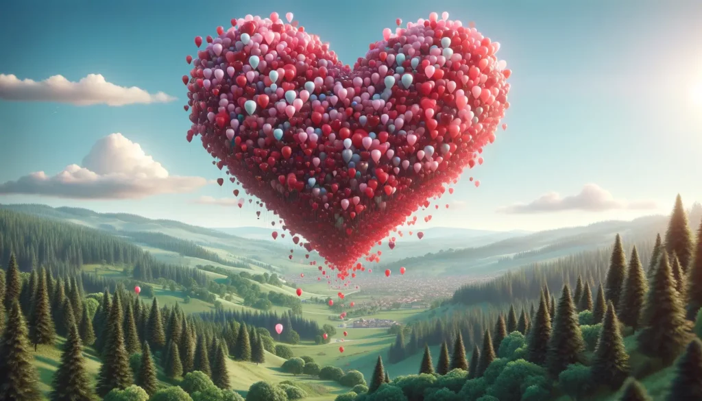 Ballonherz über malerischer Landschaft zum Valentinstag