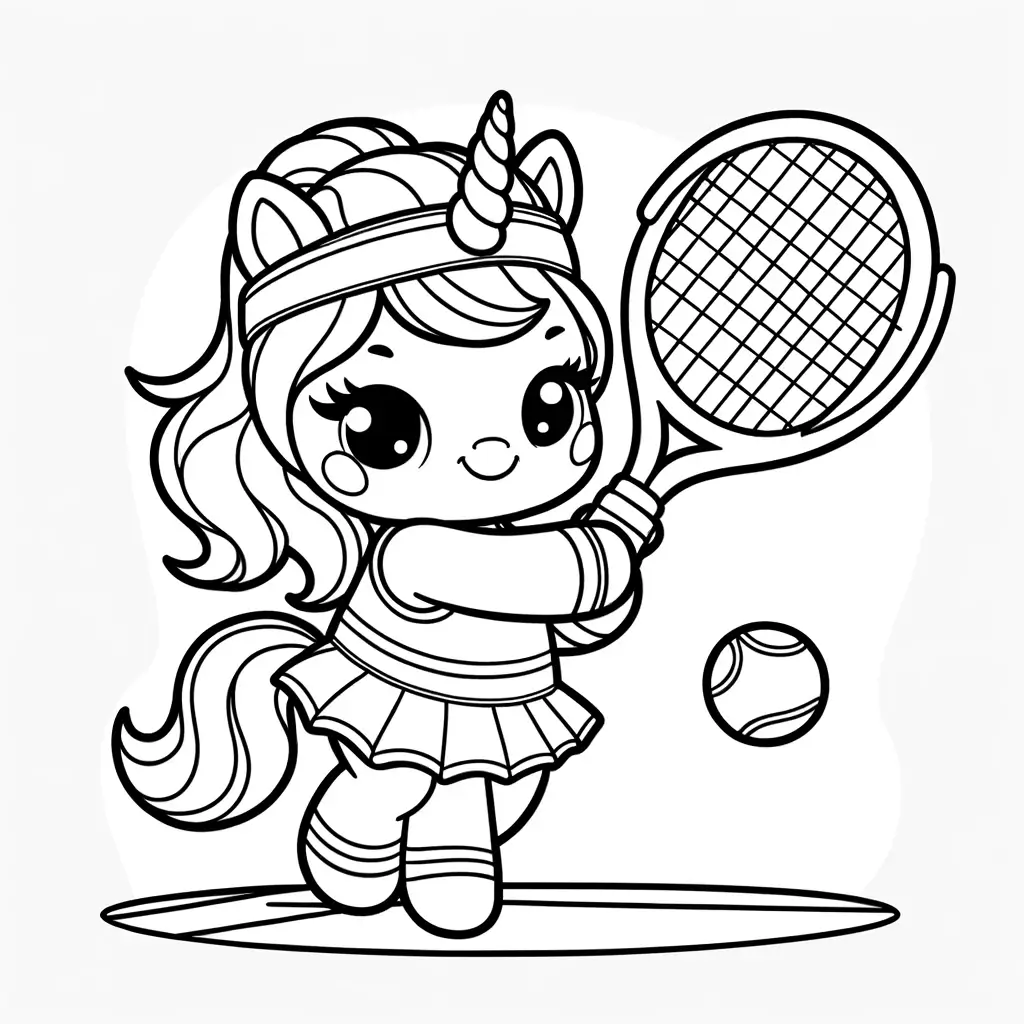 Einhorn-Tennismatch - Einfaches Ausmalbild