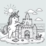 Einhorns Schlossbau am Meer – Einfaches Ausmalbild