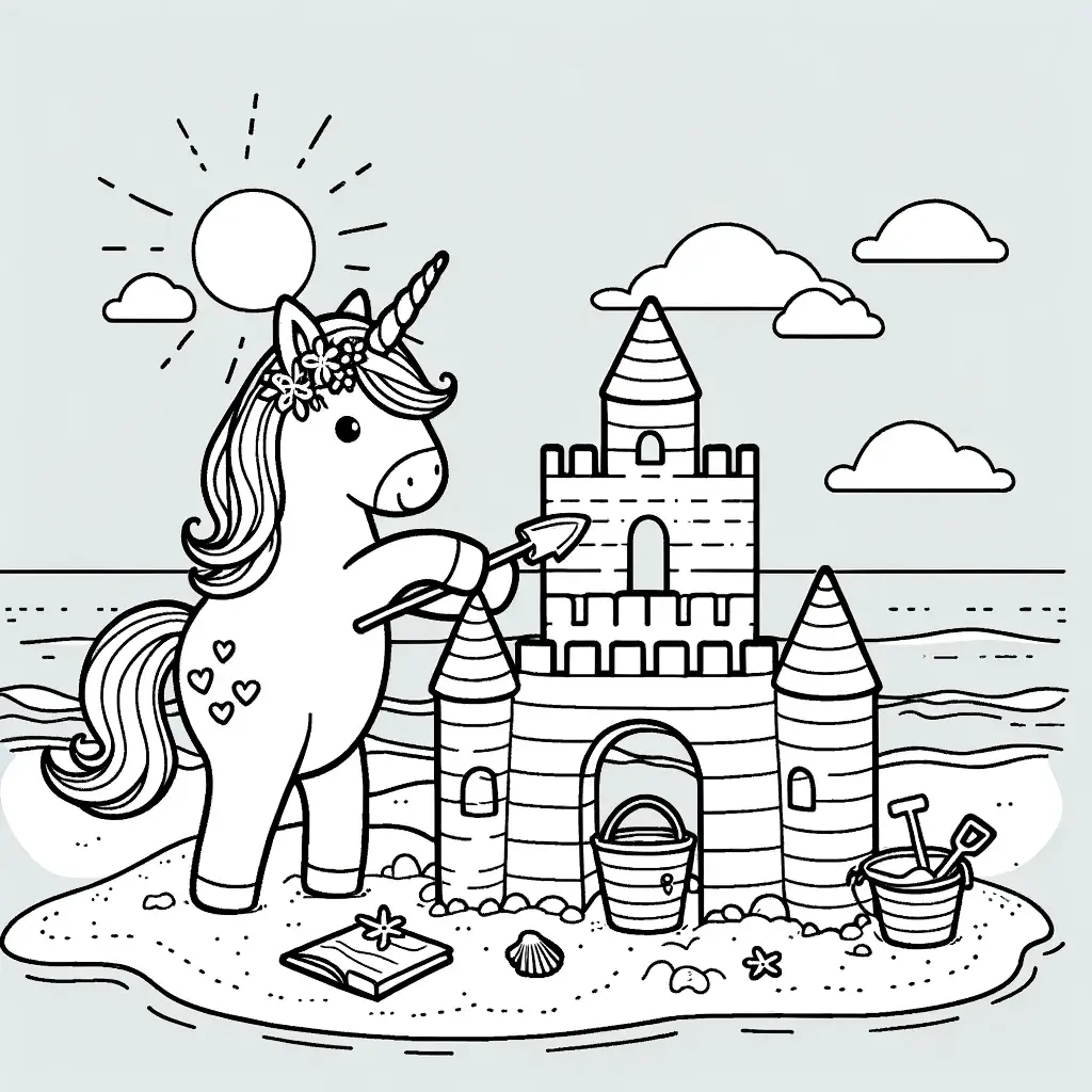 Einhorns Schlossbau am Meer - Einfaches Ausmalbild