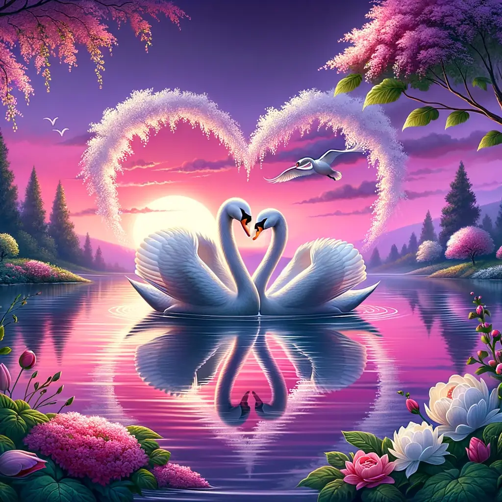 Elegantes Schwanenpaar im herzförmigen See zum Valentinstag