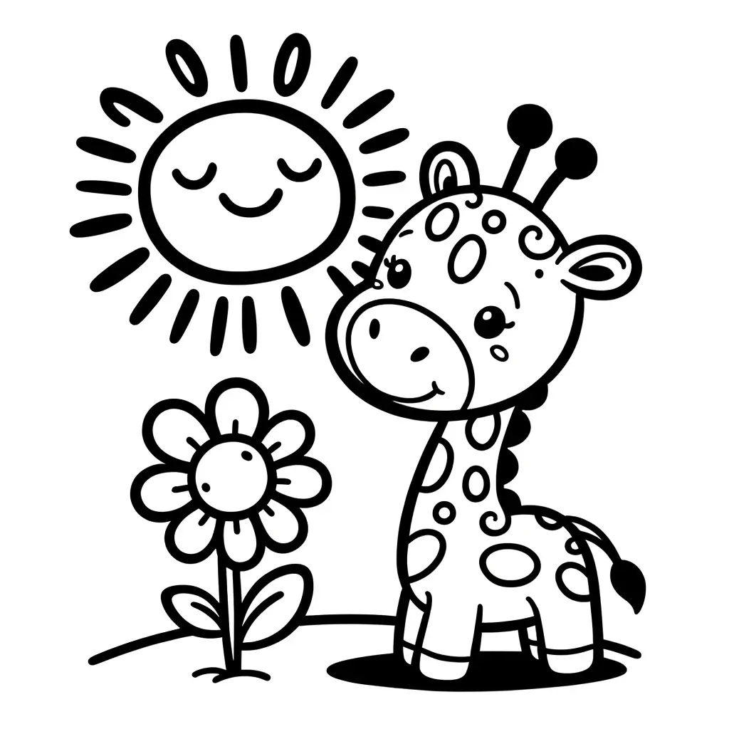 Giraffe, Sonne und Blume Malvorlage