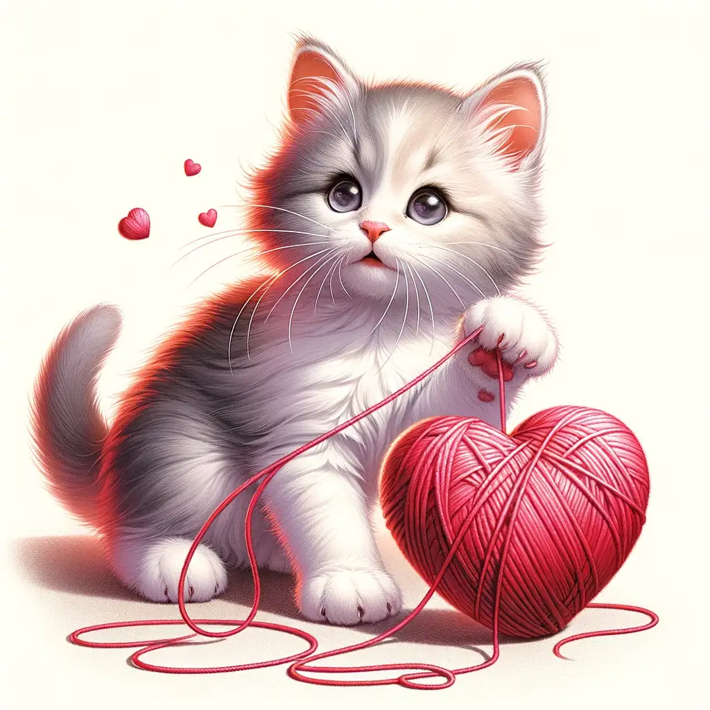Kätzchen spielt mit herzförmigem Garn zum Valentinstag