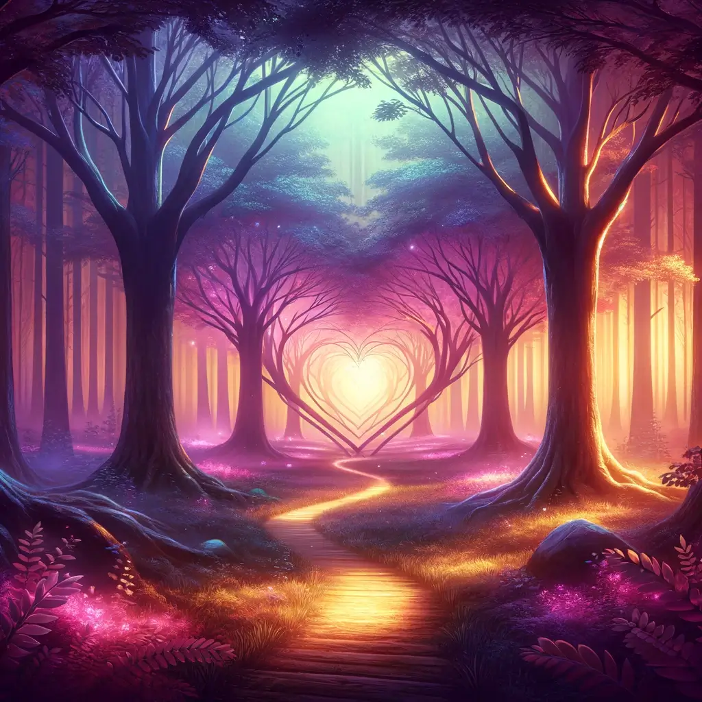 Magischer Wald mit Herzformen zum Valentinstag