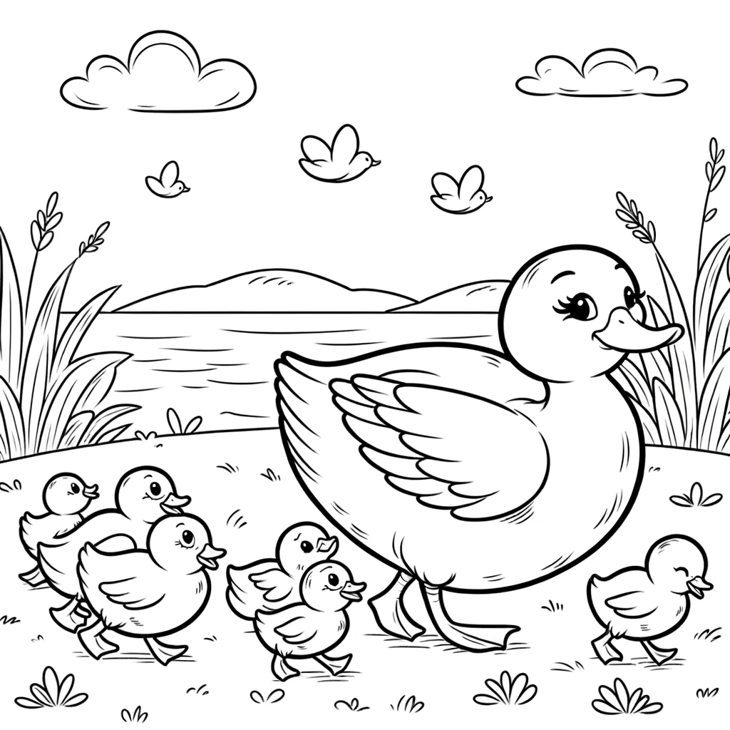 Mutter Ente und Entenküken Malvorlage