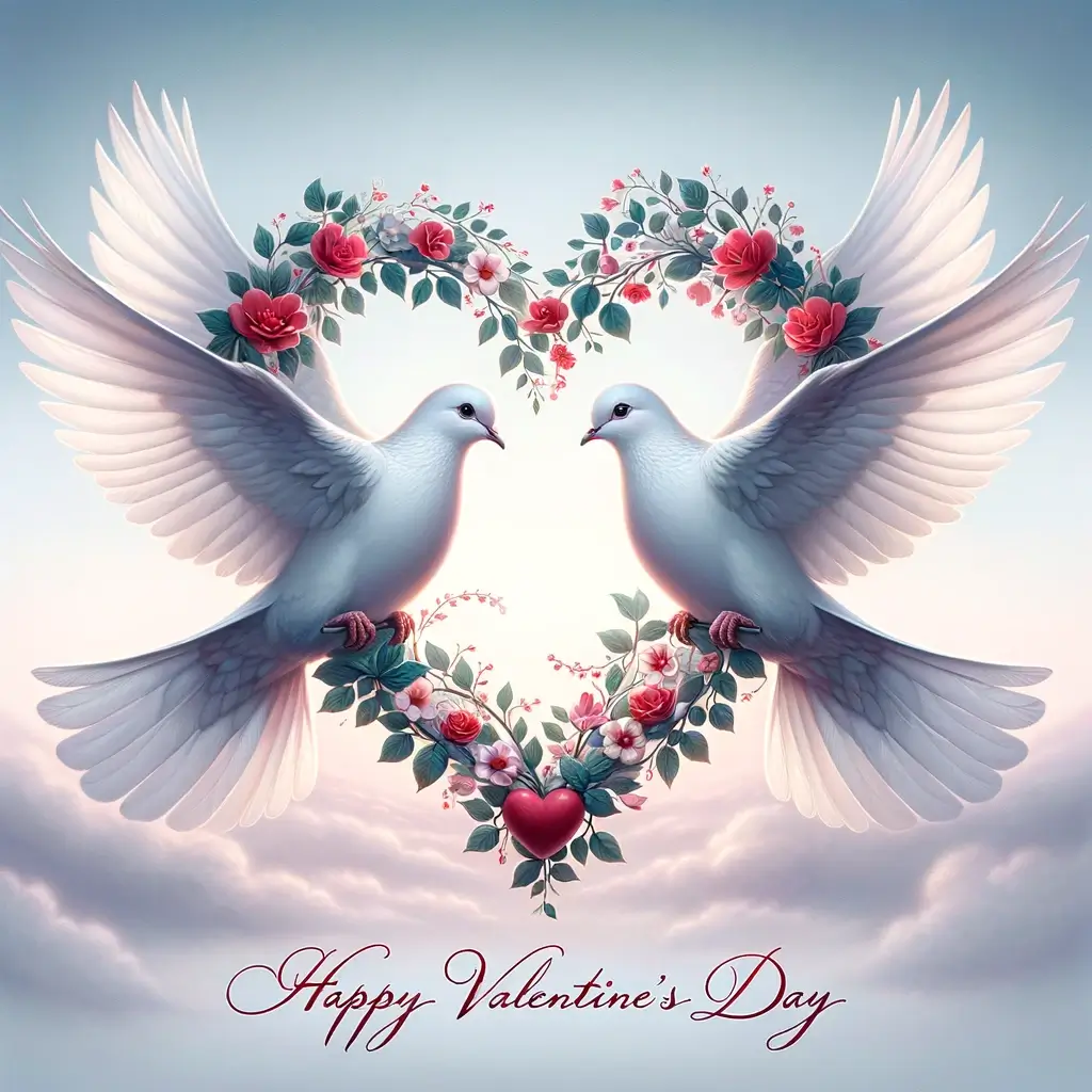 Valentinstag-Tauben mit herzförmigem Girlanden-Bild: Symbol der Liebe und Harmonie