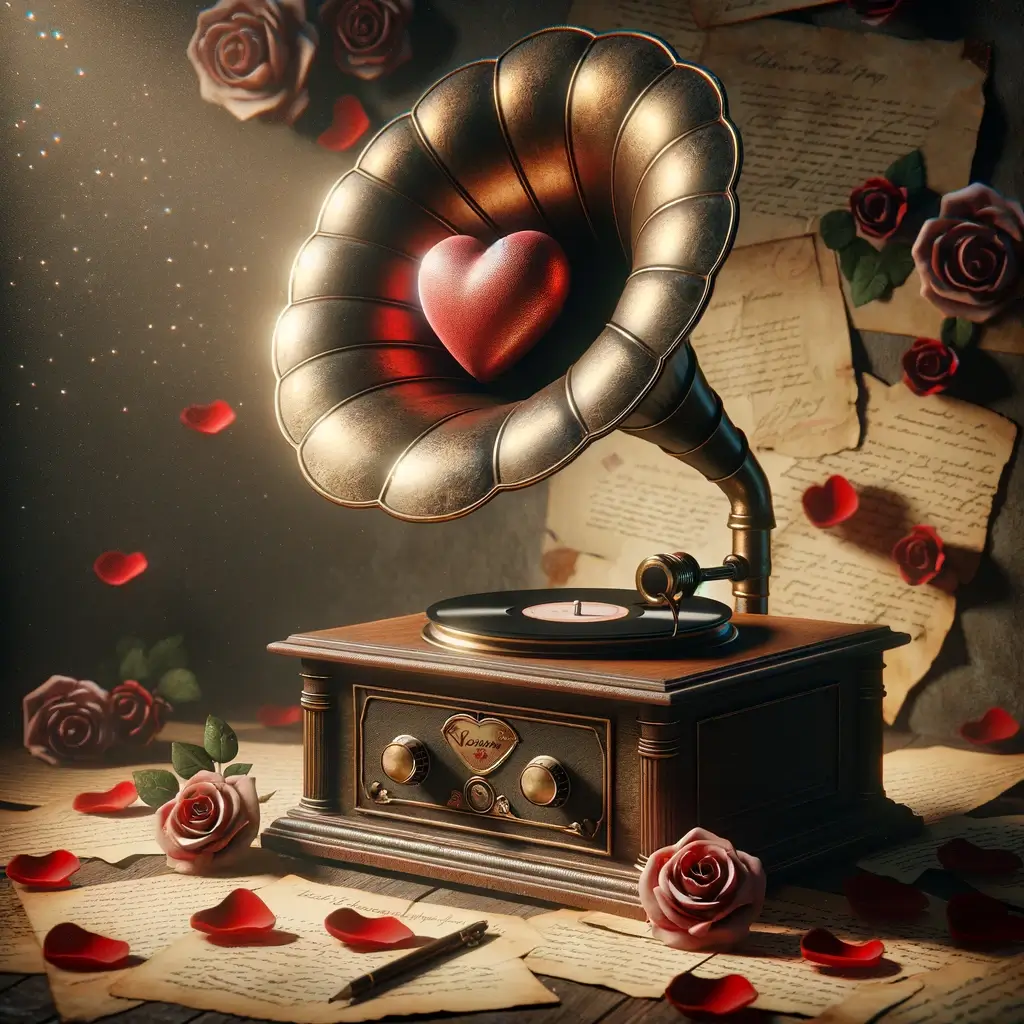 Vintage Grammophon mit herzförmiger Schallplatte zum Valentinstag